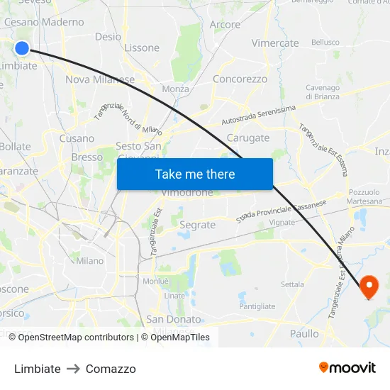 Limbiate to Comazzo map