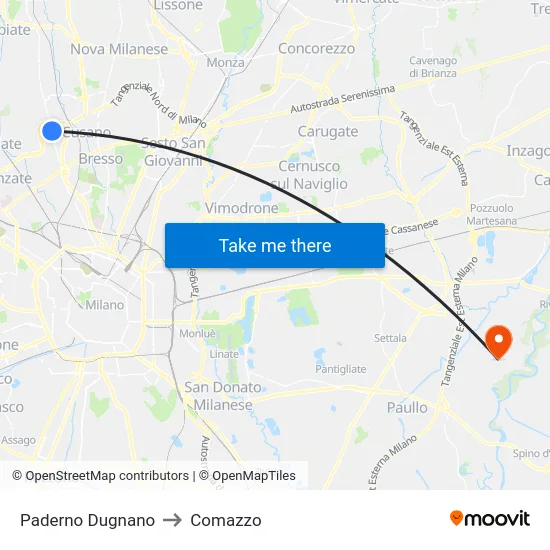 Paderno Dugnano to Comazzo map
