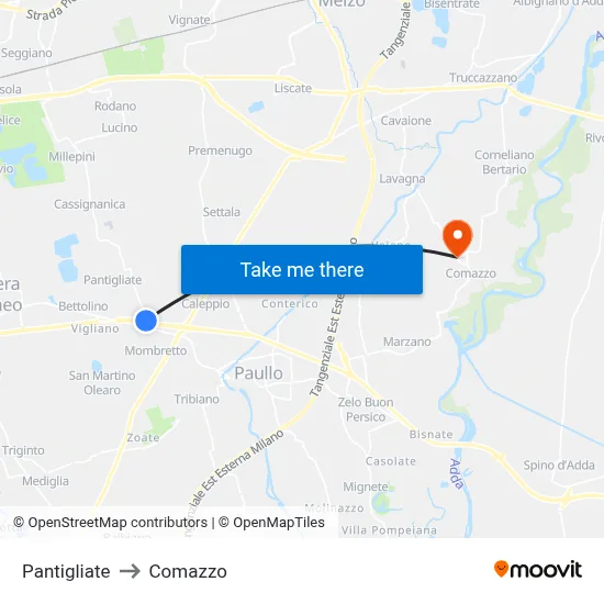 Pantigliate to Comazzo map
