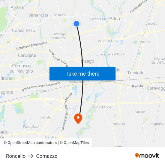 Roncello to Comazzo map