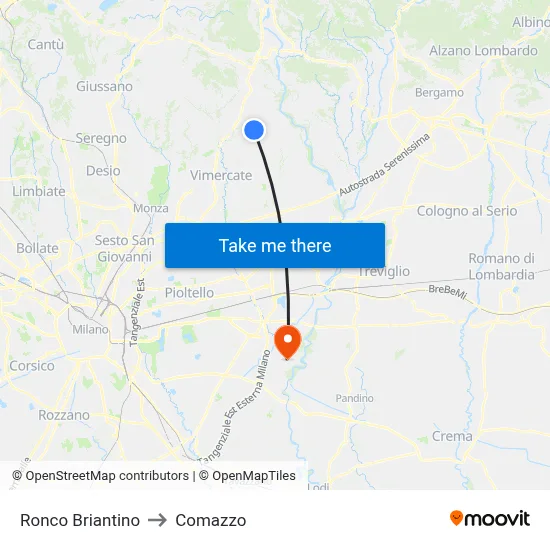 Ronco Briantino to Comazzo map