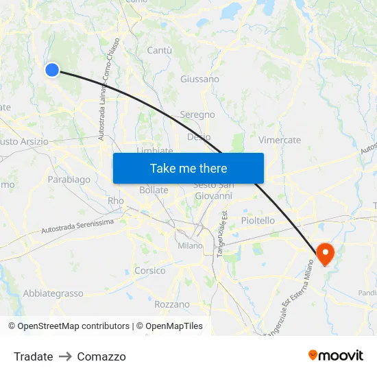 Tradate to Comazzo map