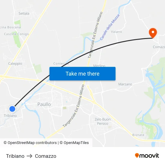 Tribiano to Comazzo map