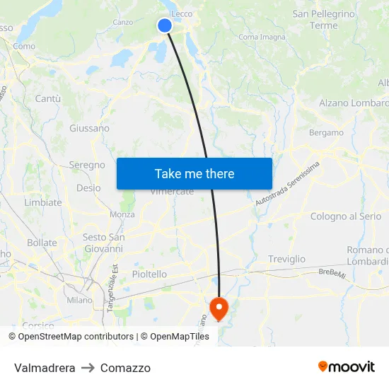 Valmadrera to Comazzo map