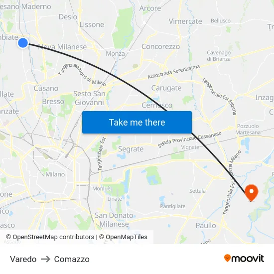 Varedo to Comazzo map