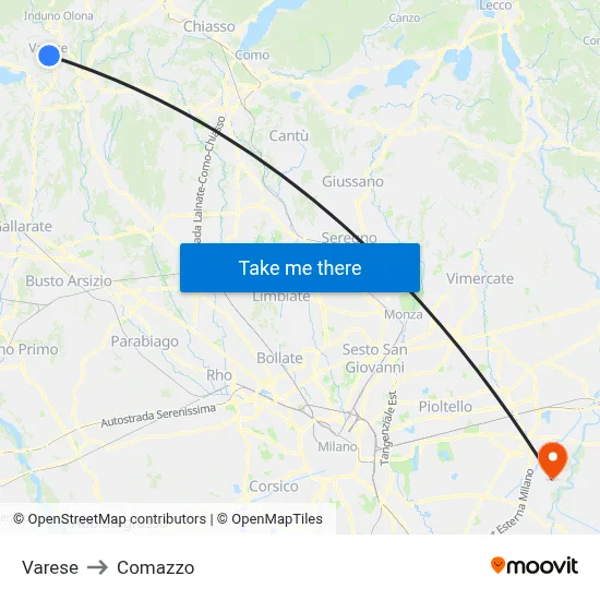 Varese to Comazzo map