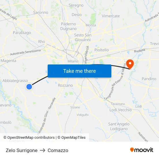Zelo Surrigone to Comazzo map