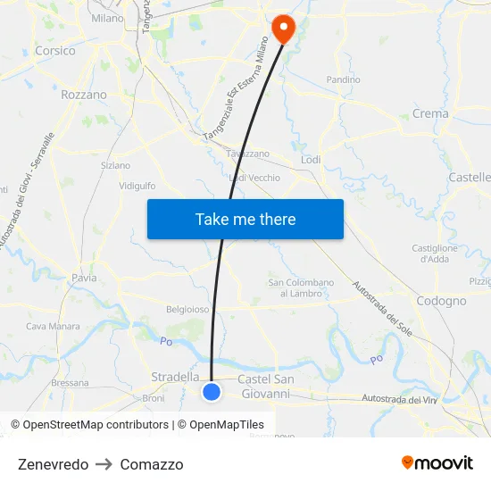 Zenevredo to Comazzo map