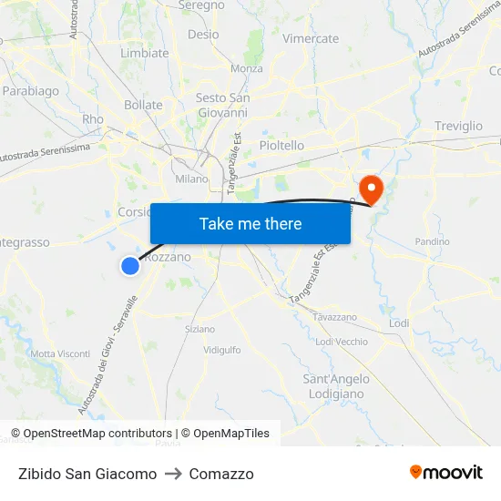 Zibido San Giacomo to Comazzo map
