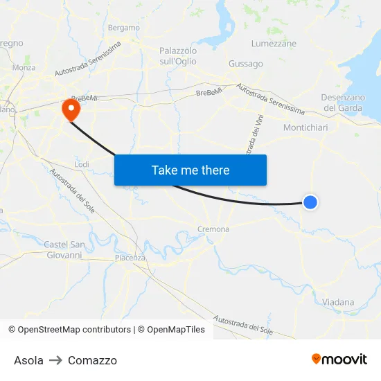 Asola to Comazzo map