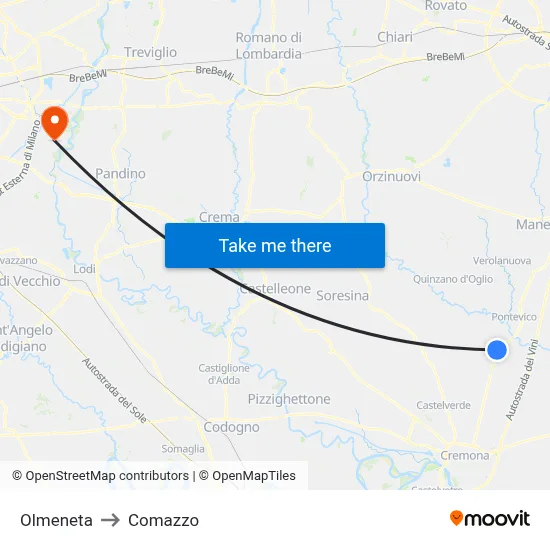 Olmeneta to Comazzo map