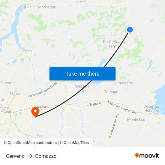 Cerveno to Comazzo map