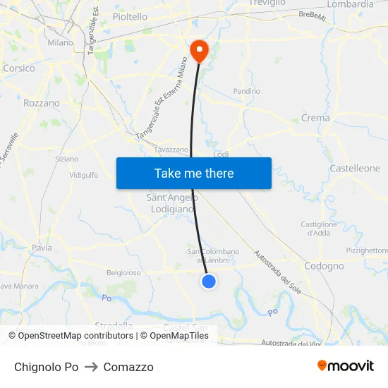 Chignolo Po to Comazzo map