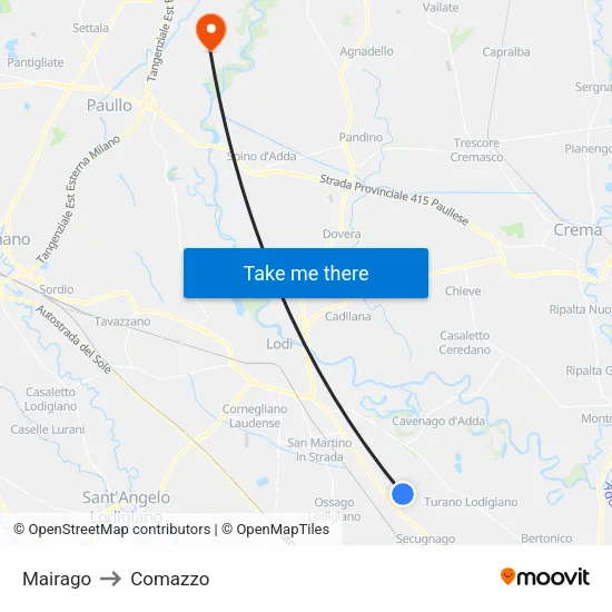 Mairago to Comazzo map