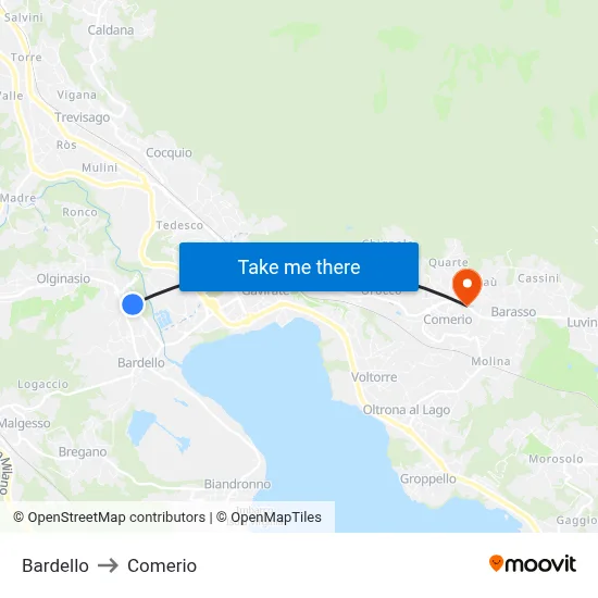 Bardello to Comerio map