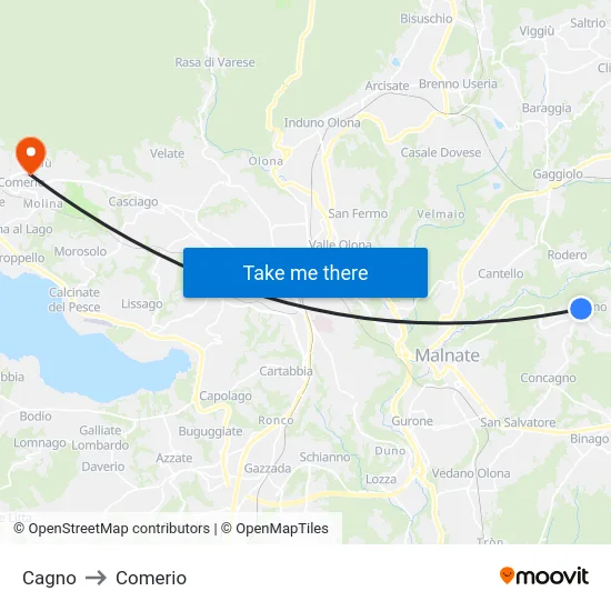 Cagno to Comerio map