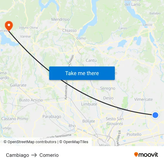 Cambiago to Comerio map