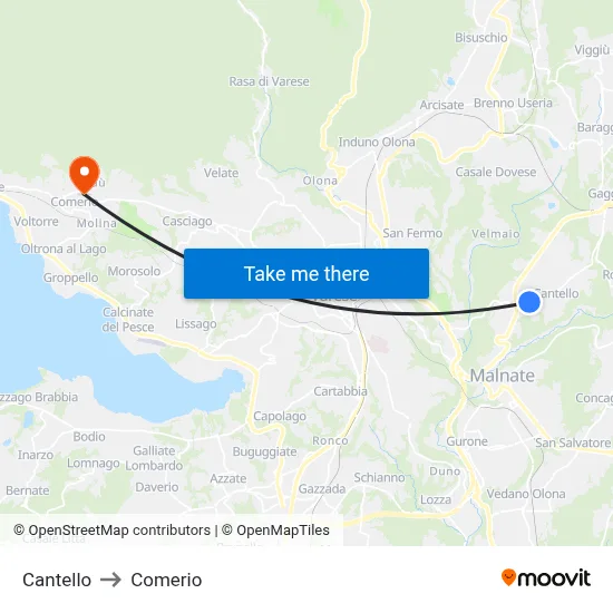 Cantello to Comerio map
