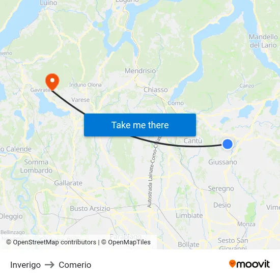 Inverigo to Comerio map