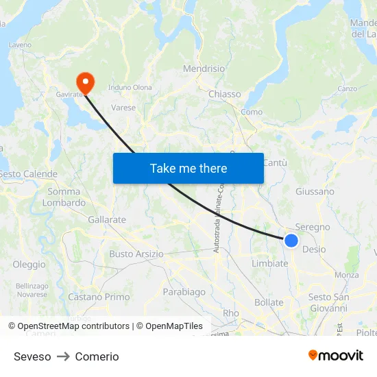 Seveso to Comerio map
