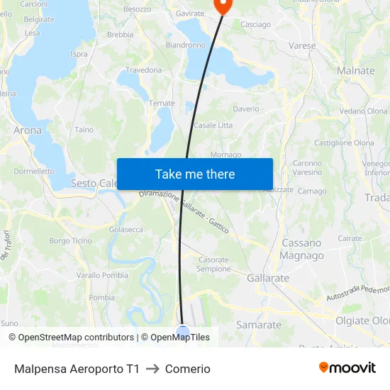Malpensa Aeroporto T1 to Comerio map