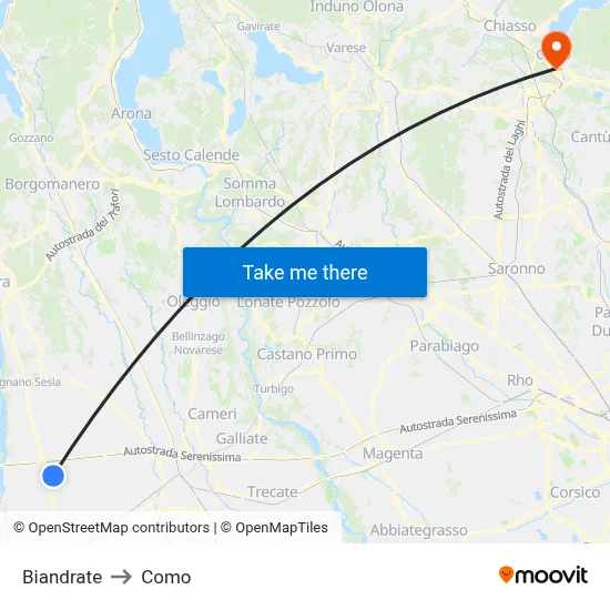 Biandrate to Como map