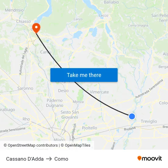 Cassano D'Adda to Como map
