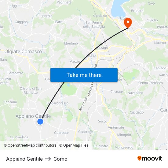 Appiano Gentile to Como map
