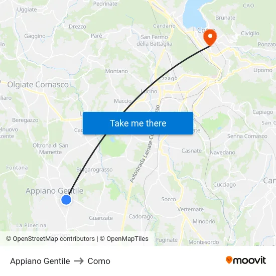 Appiano Gentile to Como map