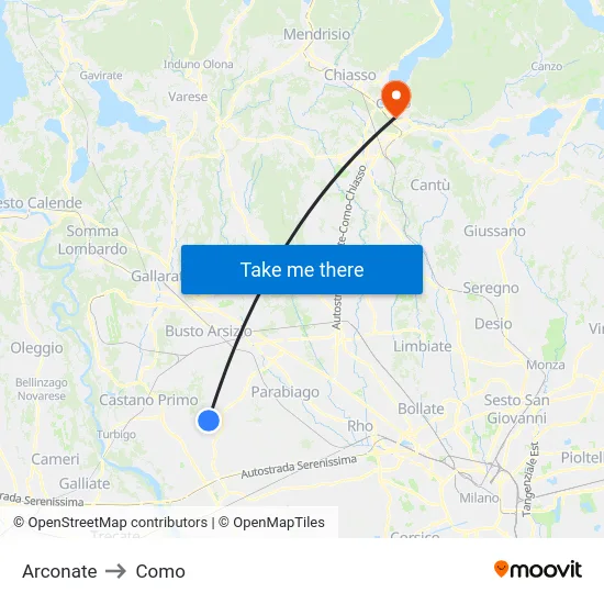 Arconate to Como map