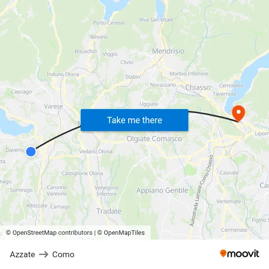 Azzate to Como map