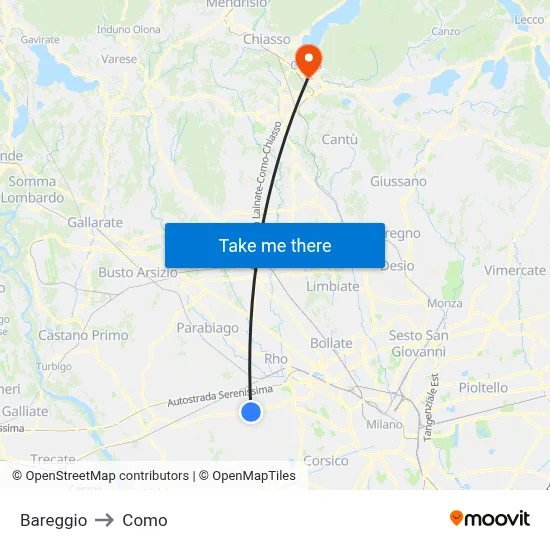 Bareggio to Como map