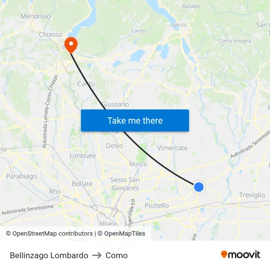 Bellinzago Lombardo to Como map