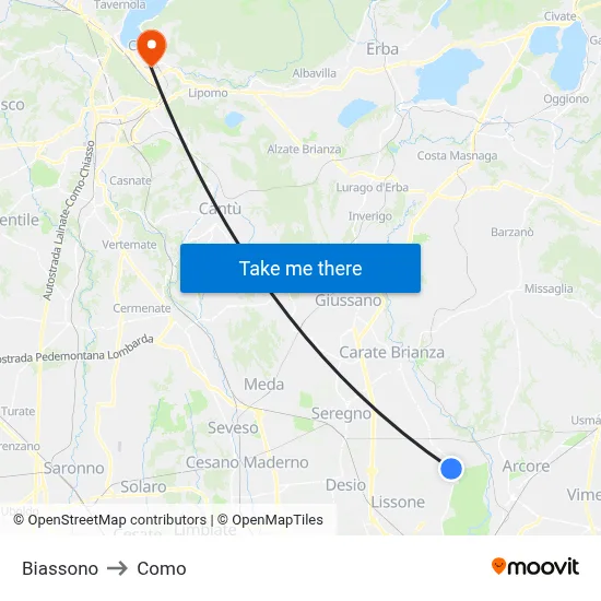 Biassono to Como map