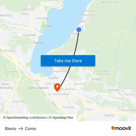 Blevio to Como map