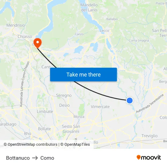Bottanuco to Como map