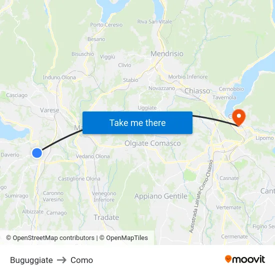 Buguggiate to Como map
