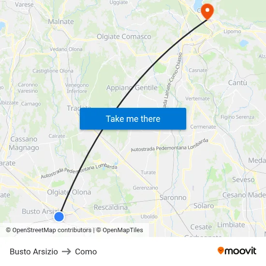 Busto Arsizio to Como map