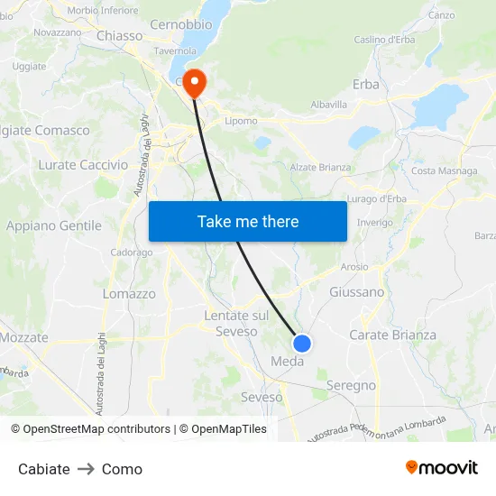 Cabiate to Como map