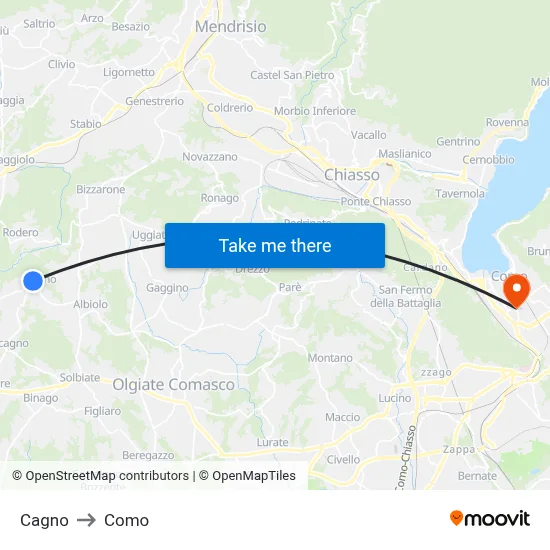 Cagno to Como map