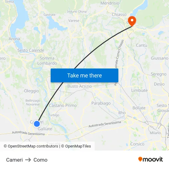 Cameri to Como map