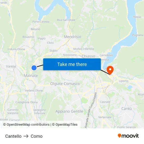 Cantello to Como map