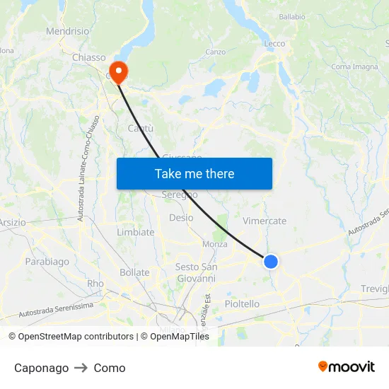 Caponago to Como map