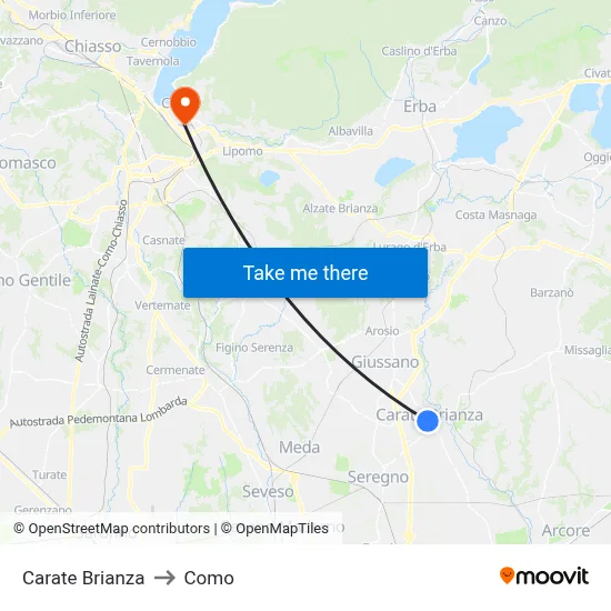 Carate Brianza to Como map