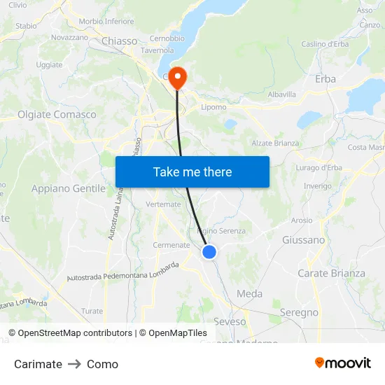 Carimate to Como map