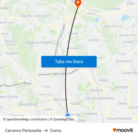 Caronno Pertusella to Como map