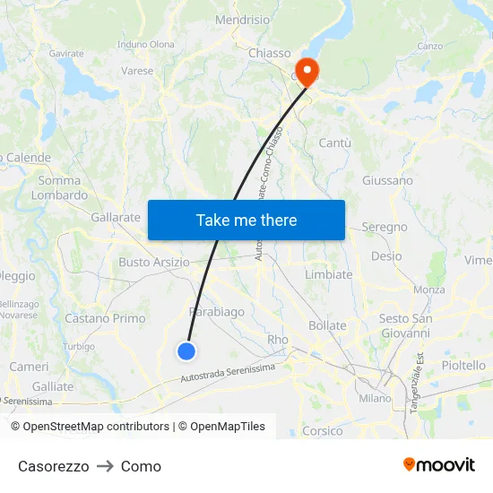 Casorezzo to Como map