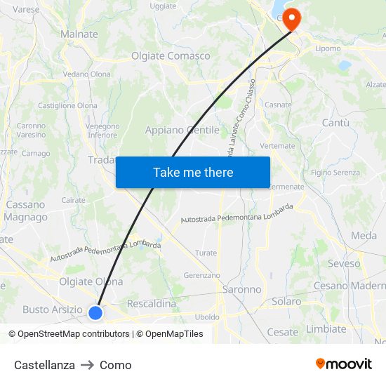 Castellanza to Como map