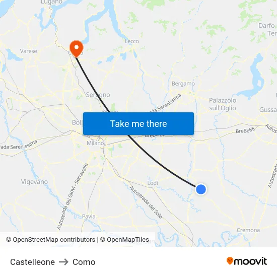 Castelleone to Como map