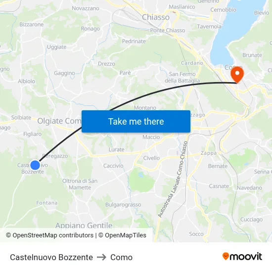 Castelnuovo Bozzente to Como map